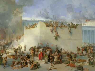 Painting of people, including soldiers, fighting on top of and next to a stone-walled building. Flames and smoke emerge from parts of the building, and winged angels appear in the top left.