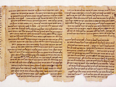 A fragment of an ancient scroll with tightly spaced, dark Hebrew text in horizontal lines on aged, yellowed parchment. The edges are irregular and damaged, with portions missing and discoloration visible.