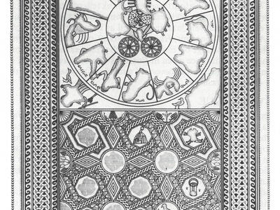 Black and white drawing of an ancient mosaic featuring menorahs, animals, a zodiac wheel with a chariot in the center, and geometric patterns with animal motifs in the lower section. Parts of the mosaic appear to be damaged or missing.