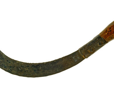 A curved, rusted sickle with a metal blade and a worn handle.