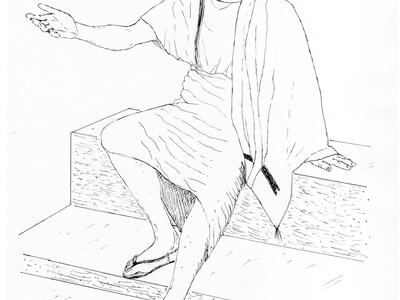 A line drawing of a man with short, curly hair, seated on a step or bench. He wears a tunic, cloak, and sandals, and gestures with one arm extended while the other rests on the bench.