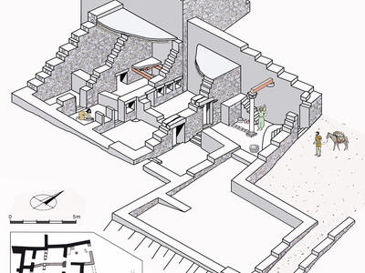 Isometric cutaway illustration of a stone-walled ancient building with multiple rooms, stairs, and artifacts. Two human figures in the building perform domestic tasks, and another stands outside with a donkey. Below the illustration is a floor plan and scale.
