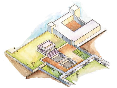 A watercolor illustration of an ancient palace complex with two open courtyards, rectangular pools, and surrounding walls, with pathways and sparse trees in the landscape.