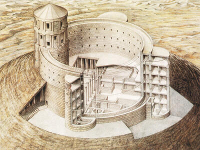 Drawing of a round building with rectangular niches cut into the ground floor and a large turret on left side.