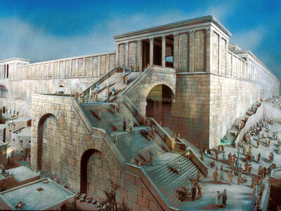 A detailed model shows ancient stone steps and large entrances leading up to a temple, with many small human figures walking and gathering throughout the grand structure.
