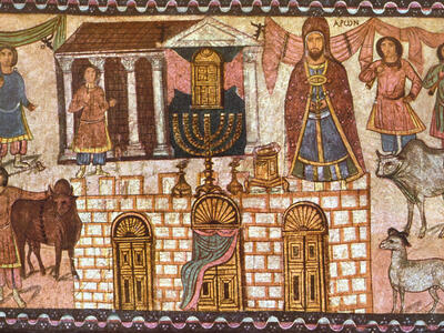 A colorful ancient fresco depicts a temple with columns, a large menorah, a priest, and various other figures, along with several animals, all framed by decorative borders.
