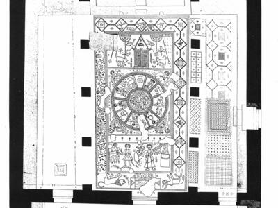 Black-and-white drawing of a floor with a mosaic in the center featuring human figures, zodiacal symbols, ritual objects, and animals.