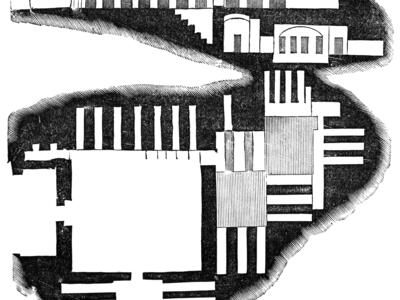 Line drawing of an irregular shape with rectangular and semicircular shapes within it.