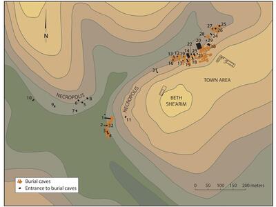 Topographic map of Beth Shearim showing burial caves and their entrances, with labeled locations in the necropolis and town area. Contour lines indicate elevation. Scale bar and legend included.