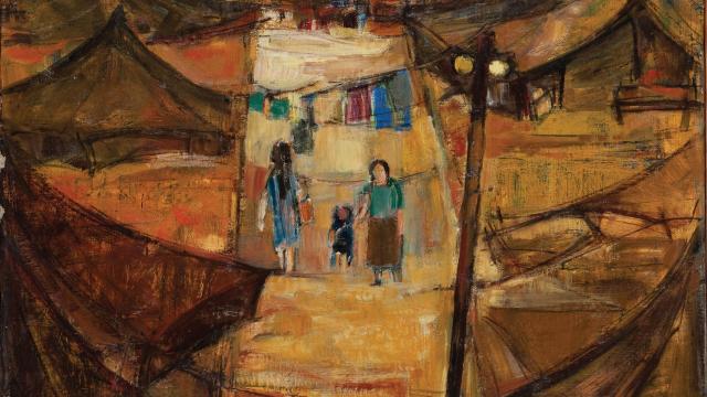 Abstract painting of camp with many tents and a luminous rectangular area in middle featuring three figures including a mother and child and a clothesline between the tents.