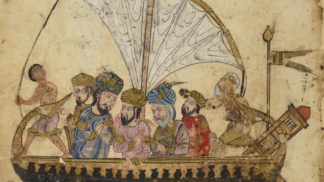 Illustration of six bearded, turbaned men and a shirtless boy on a wooden sailboat in fish-filled water, below a line of Arabic script.