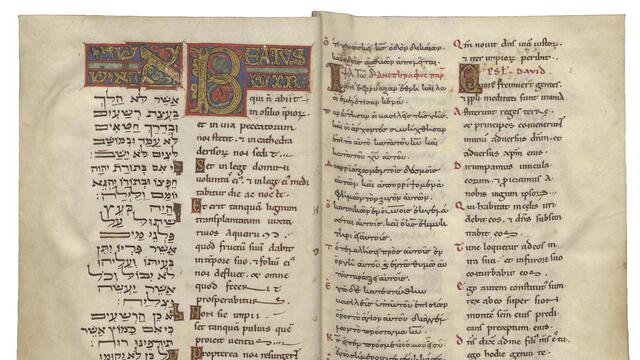 Facing pages of illuminated manuscript with columns of text in Hebrew, Latin, and Greek.
