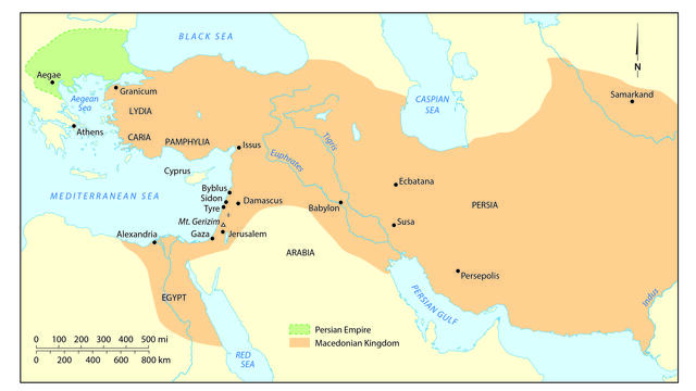 Map showing the Persian Empire in beige, the Macedonian Kingdom in green, and major ancient cities and regions, including Persia, Babylon, Egypt, and Athens, bordered by seas such as the Mediterranean and Caspian.