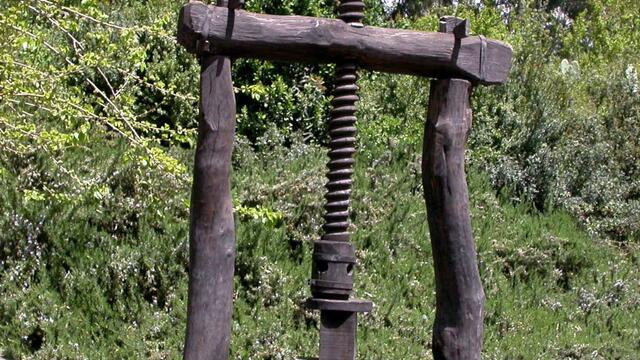 Old wooden olive press with a large vertical screw, set outdoors on a stone base surrounded by trees and greenery.
