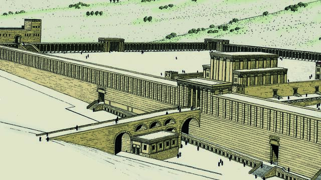 An illustrated reconstruction of an ancient temple complex with high stone walls, arched gateways, and several large buildings, set against a hilly landscape with scattered trees.