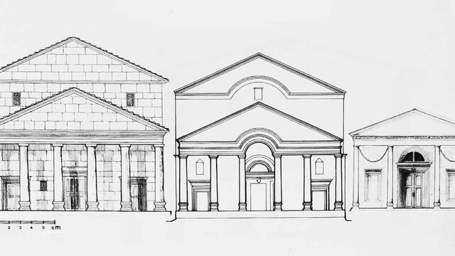 Architectural drawing shows three classical buildings with front facades featuring columns and triangular pediments, displayed side by side with a measurement scale at the bottom left.