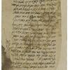 Stained manuscript with Hebrew text and smaller notes in the margin and at the top corner.