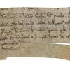 Fragment of parchment with six lines of Latin script, and additional text cut off at the top, with the last two lines shorter and next to a tear across the page.