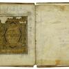 Book open to two facing pages, with a damaged gold geometric and floral pattern with blue and black details.