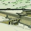 An illustrated reconstruction of an ancient temple complex with high stone walls, arched gateways, and several large buildings, set against a hilly landscape with scattered trees.