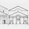 Architectural drawing shows three classical buildings with front facades featuring columns and triangular pediments, displayed side by side with a measurement scale at the bottom left.