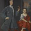 Portrait painting of boy standing with small bird on his hand next to girl sitting. 