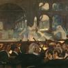 Painting of audience and orchestra facing stage with shadowy figures on it.