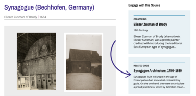 Entry with guide.png Two images of a synagogue in Germany. A card for a related guide entry appears on the right side, with a purple arrow pointing to it.
