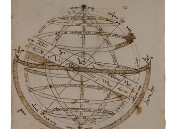Illustration of an Armillary Sphere Illustration of a sphere circled by rings at various angles, including illustrations of zodiac symbols.