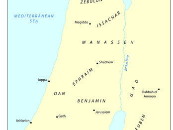 Map of twelve tribes of Israel with English name labels. 