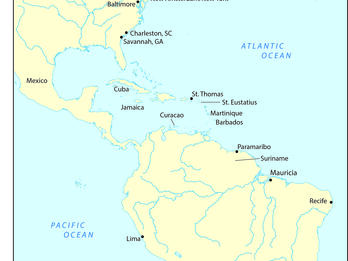 Map of the Americas with cities on the East Coast labeled. 