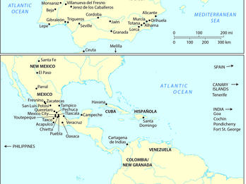 Map of Spain and Portugal on top, and Central and South America on the bottom.