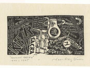 Woodcut print with a collage of black images and lettering, largely in English, with two figures at the center and a large pendant on a safety pin with a Chinese character.