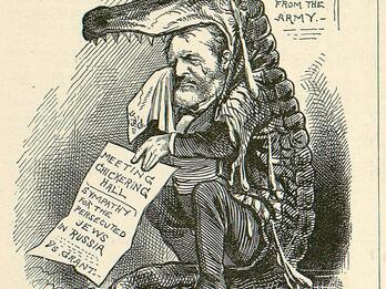 A cartoon depiction of a bearded gentleman wearing a crocodile costume and crying into a handkerchief while holding a piece of paper with English writing, with a heading above as well as text behind him and at the bottom.