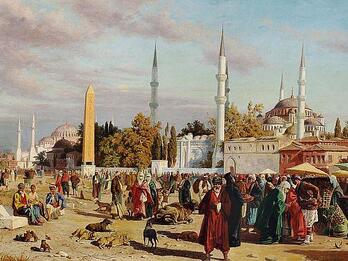 Painting of people and animals milling about in a marketplace with buildings and sky behind.