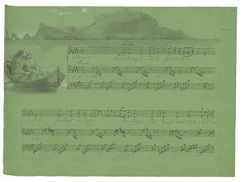 Sheet music featuring drawing of mountains and boat above staff.