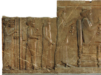 Darius and Xerxes, Kings of Persia Relief of man sitting on throne with figures standing on either side.