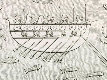 Phoenician Ship Relief of boat with several men in profile with spears inside, surrounded by water, fish, and octopuses.
