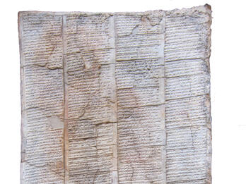 Clay tablet with cuneiform inscription.