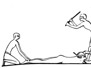 Judicial Flogging in Egyptian Painting Drawing of man held down as another prepares to hit him with a stick.