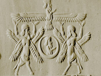 Impression of two winged figures holding up a third winged figure.
