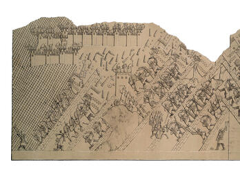 Relief of fortified city on hill with soldiers with shields and weapons marching up at diagonal angle on either side of the hill. 