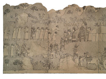 Relief of figure on throne with procession of people under canopy in front of him.