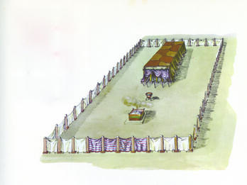 The Tabernacle Drawing of rectangular courtyard surrounded by fence, with inner tent and fireplace.