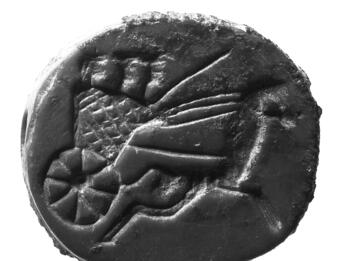 Seal with Chariot and Riders Limestone seal with image of driver and two people in a horse-drawn chariot.