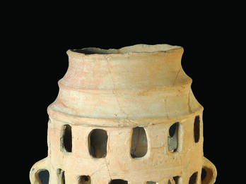 Ceramic Offering Stand from Ai Ceramic offering stand with four rows of windows and small protruding feet with five toes on the bottom row of windows.