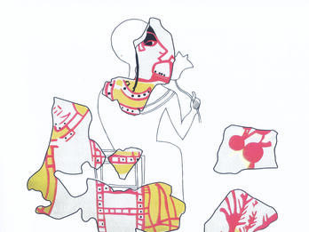 A Seated Man Drawing of fragmentary mural depicting seated figure wearing wide-collared garment with long sidelock visible in front of ear, with floral motifs on fragments next to figure.