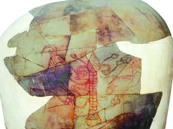 Two Ibexes Partially reconstructed storage jar with painting of lion and two ibexes eating flora of a tree.
