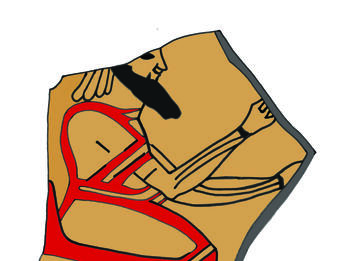 Drawing of pottery fragment with painting of seated and bearded male with neck-length hair wearing bracelets.