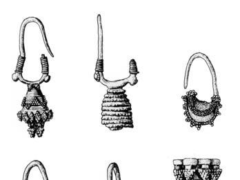 Drawing of seven different earrings. 